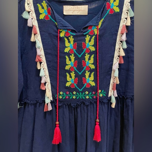 Secret Language navy embroidered tassel dress maxi medium - Picture 3 of 5